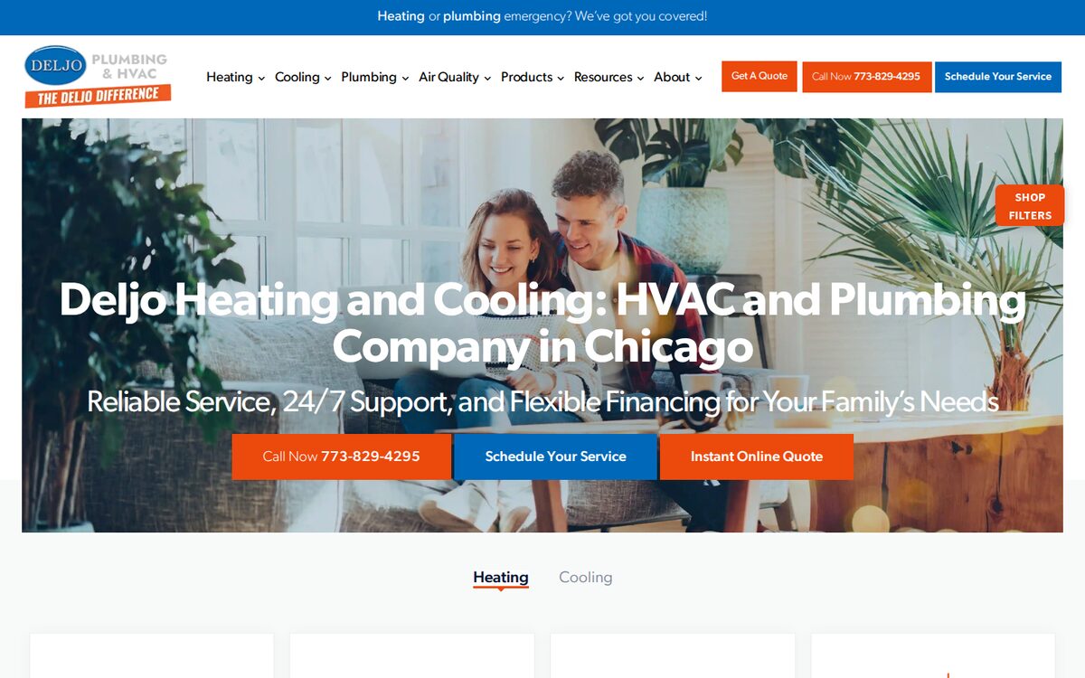 Deljo Heating & Cooling HVAC website homepage
