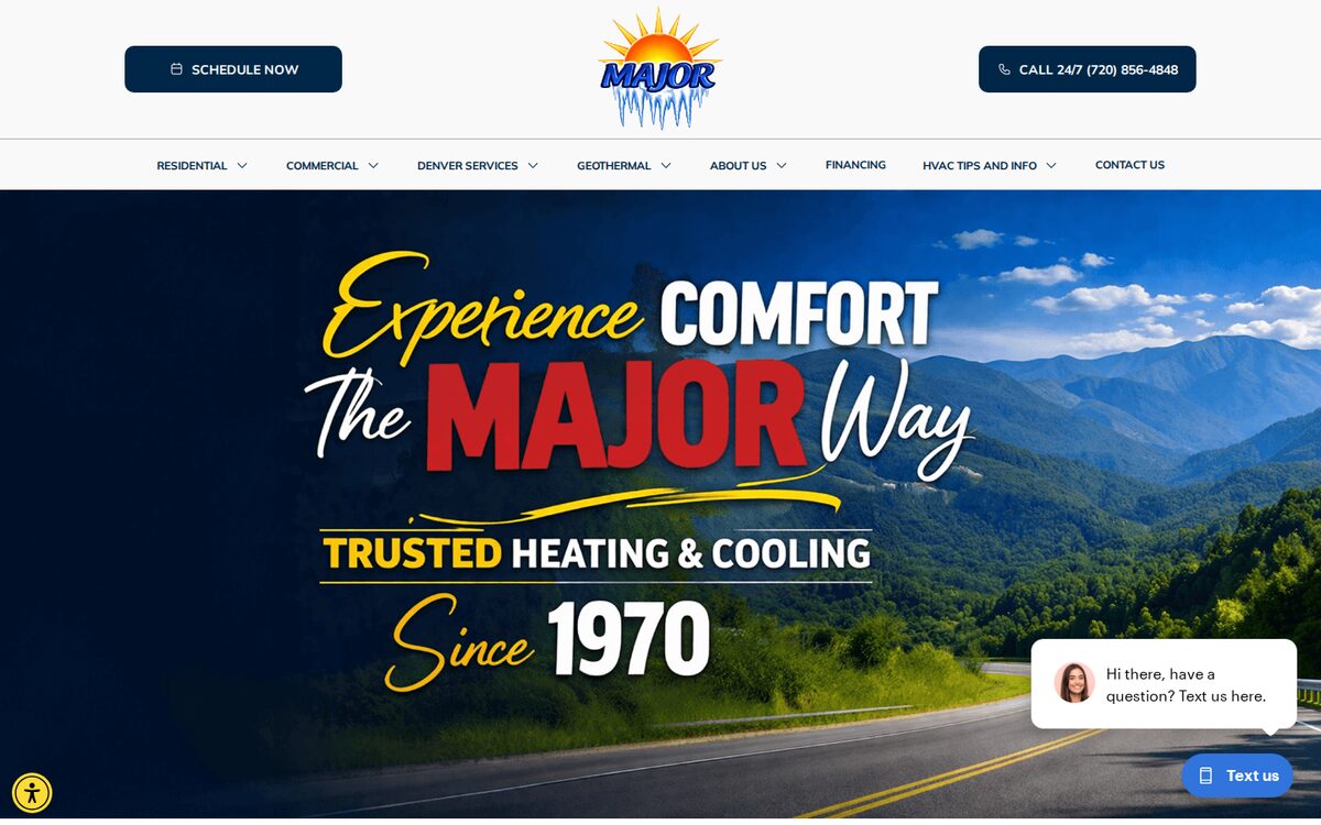 Major Heating & Cooling HVAC website homepage