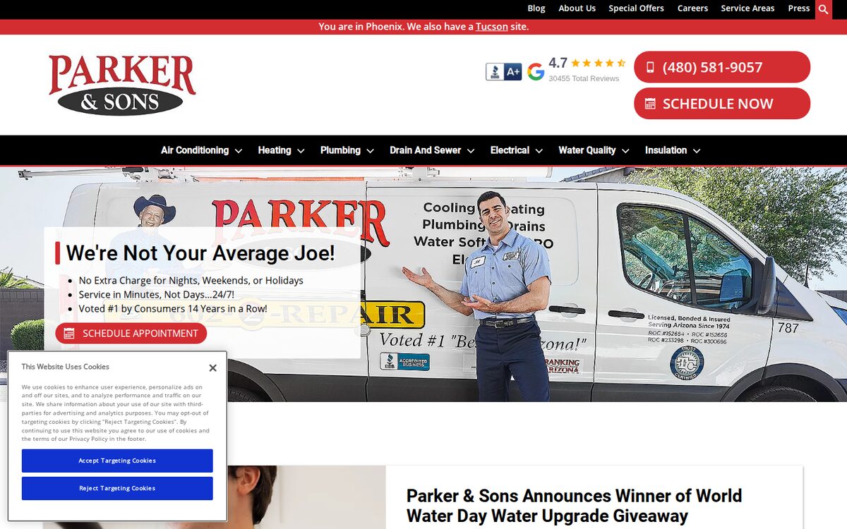 Parker & Sons HVAC website homepage