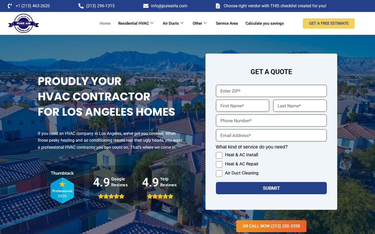 Pure Air LA HVAC website homepage