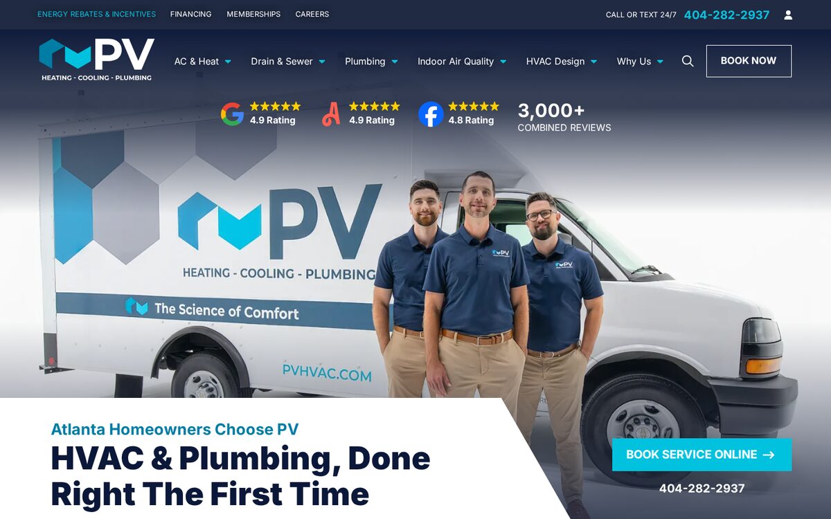 PV Heating, Cooling & Plumbing HVAC website homepage