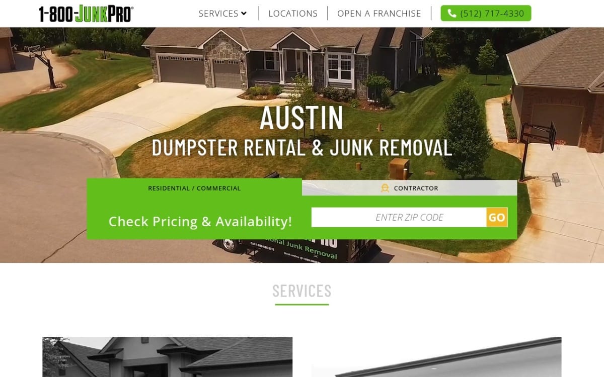 1-800-JunkPro Austin junk removal website homepage