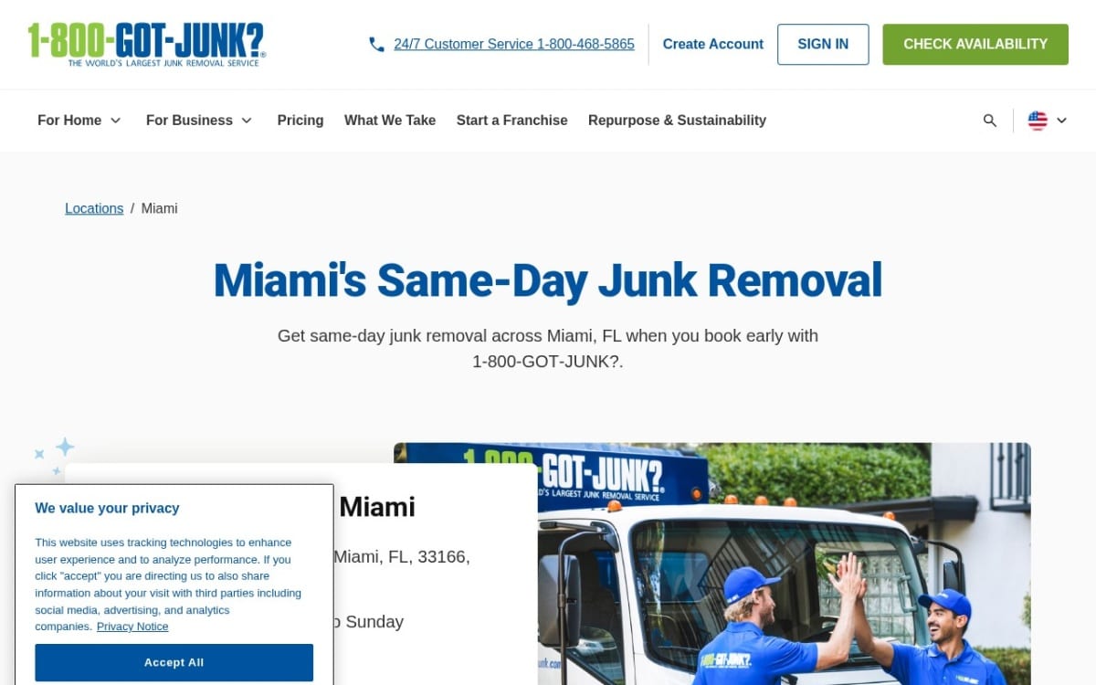 1-800-GOT-JUNK? Miami junk removal website homepage