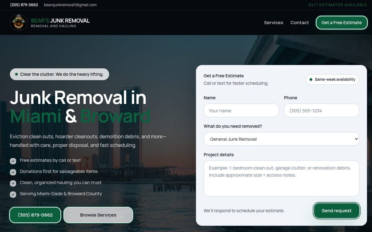 Bear's Junk Removal And Hauling junk removal website homepage