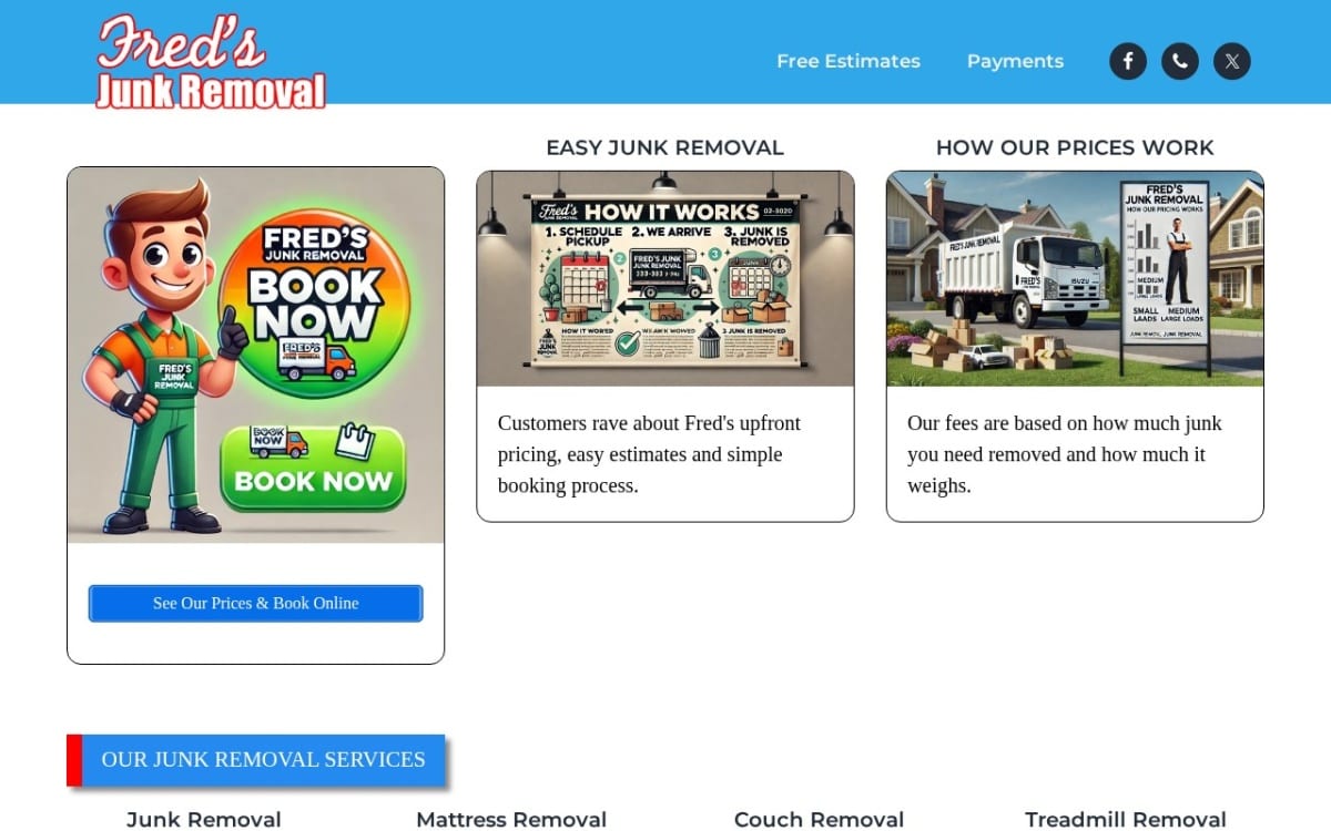 Fred’s Junk Removal junk removal website homepage