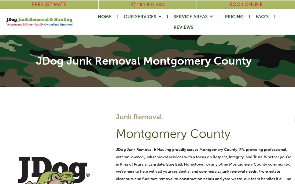 JDog Junk Removal & Hauling Montgomery County, PA junk removal website homepage