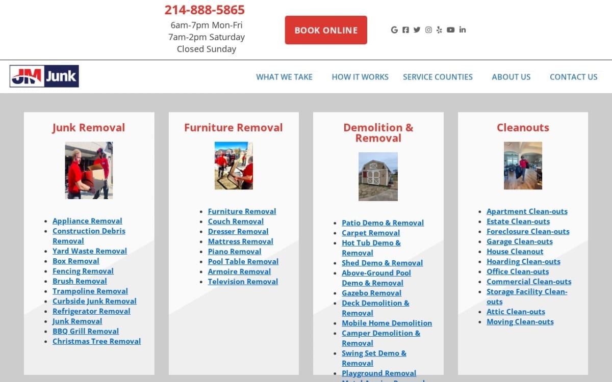 JM Junk Removers junk removal website homepage