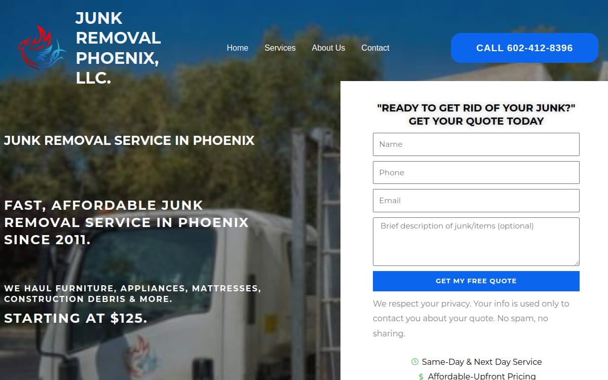 Junk Removal Phoenix, LLC. junk removal website homepage