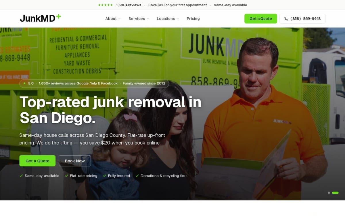 JunkMD junk removal website homepage