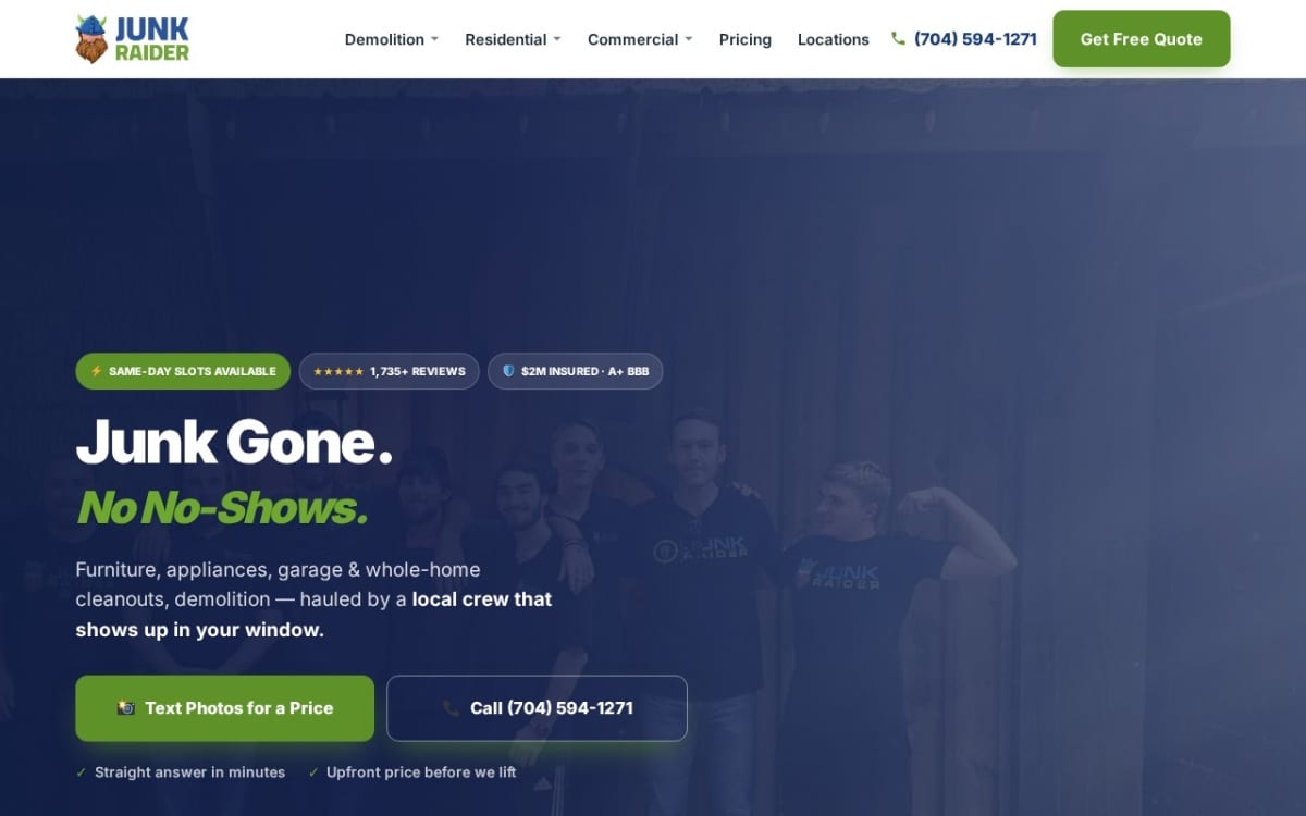 Junk Raider junk removal website homepage