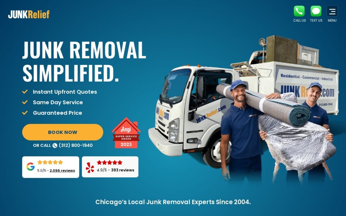 JUNK Relief junk removal website homepage