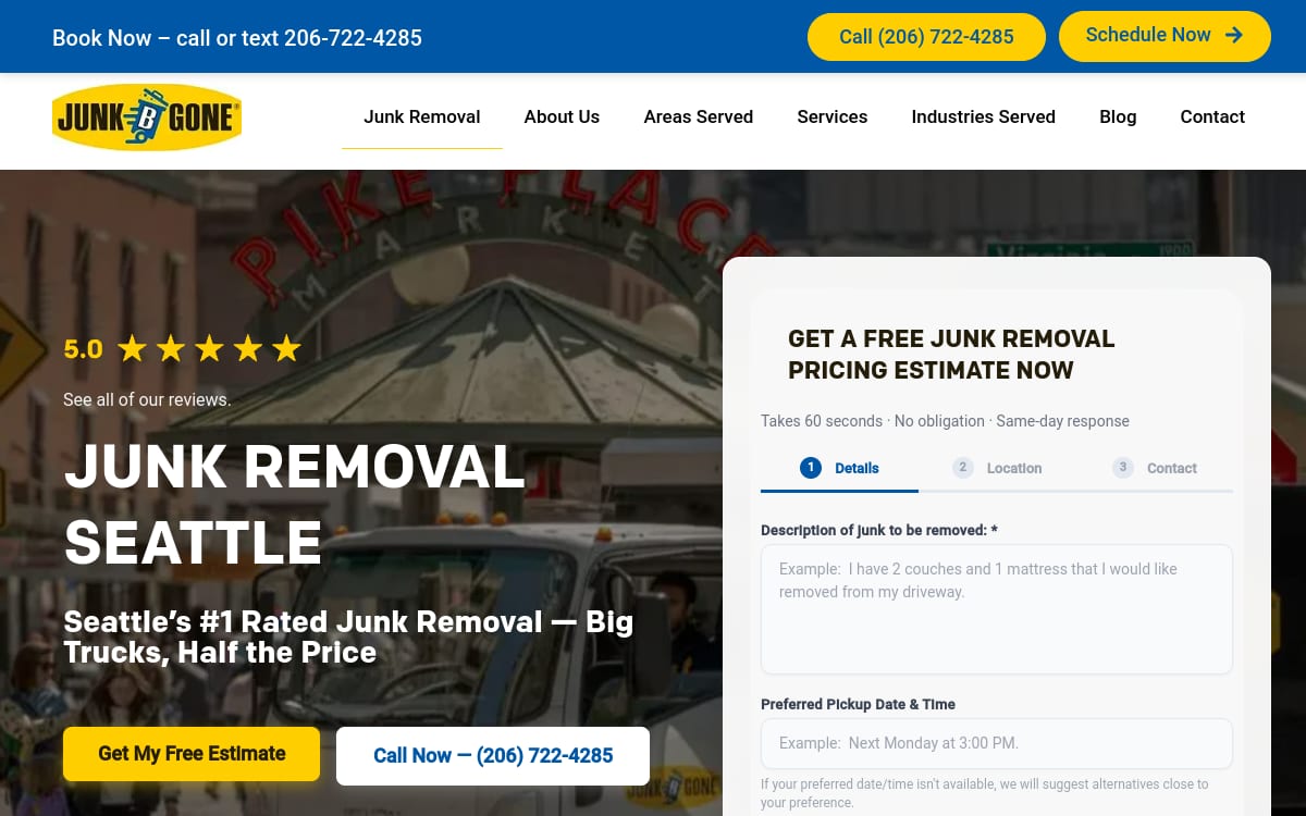 Junk B Gone junk removal website homepage