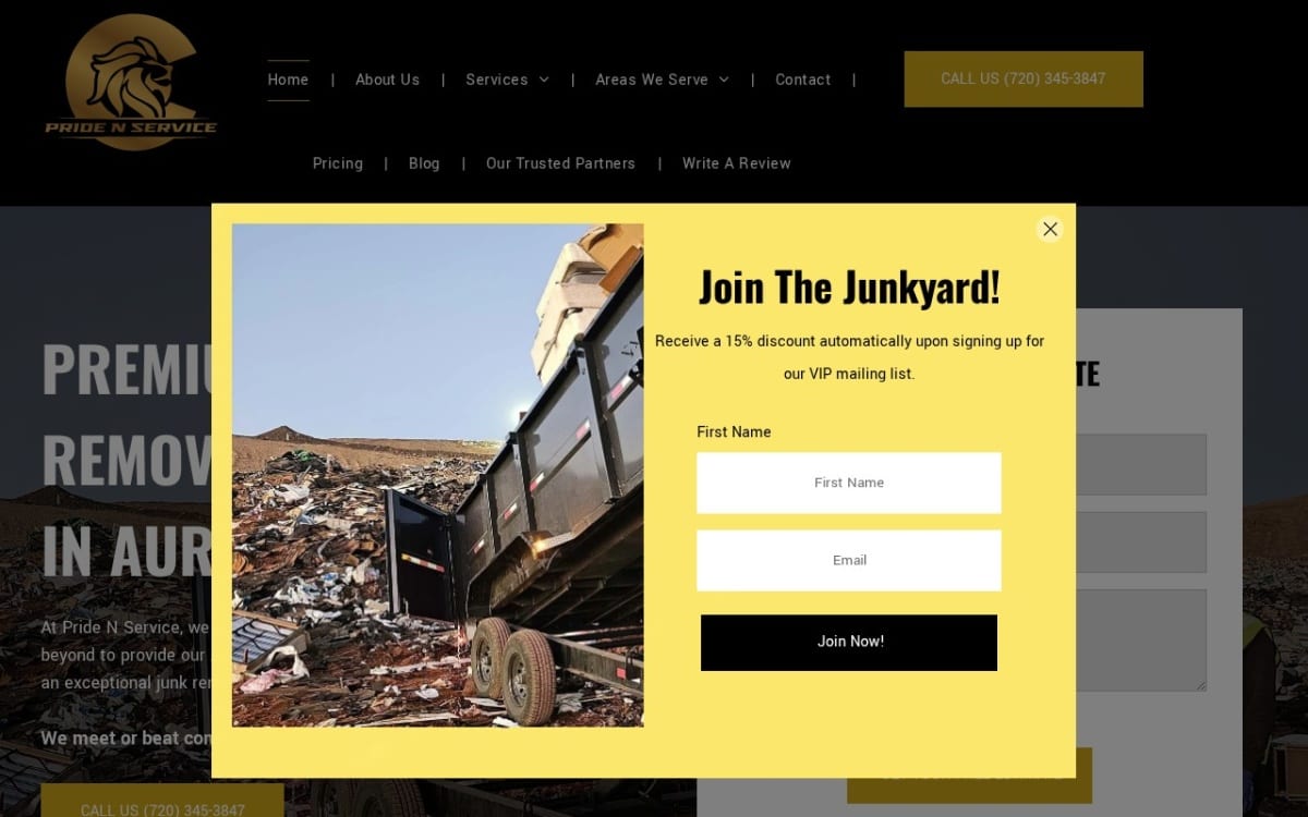 Pride N Service Junk Removal Colorado junk removal website homepage