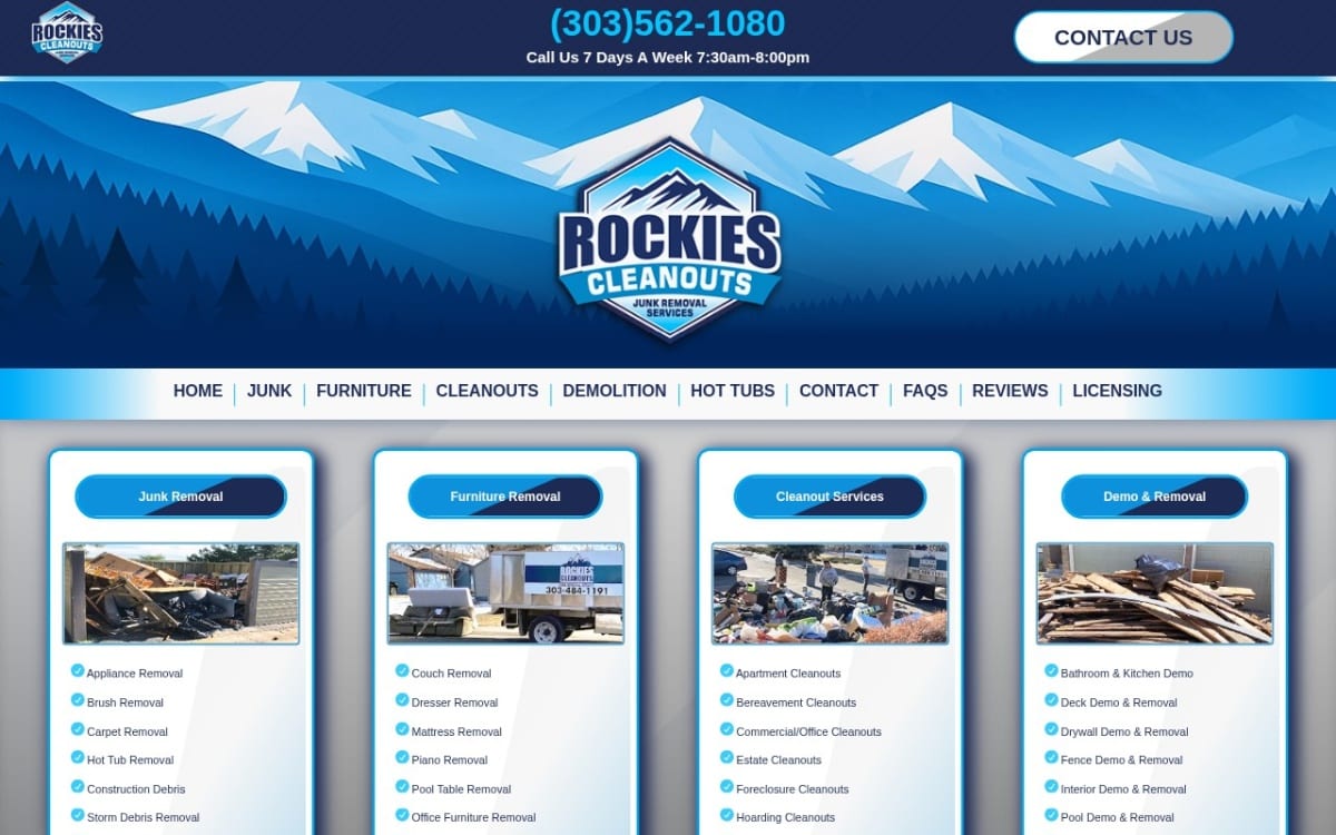Rockies Cleanouts junk removal website homepage