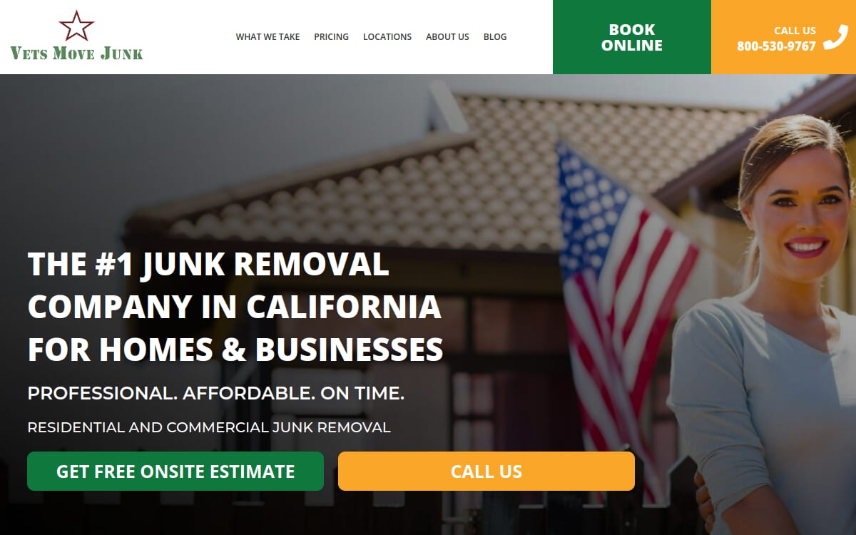 Vets Move Junk junk removal website homepage