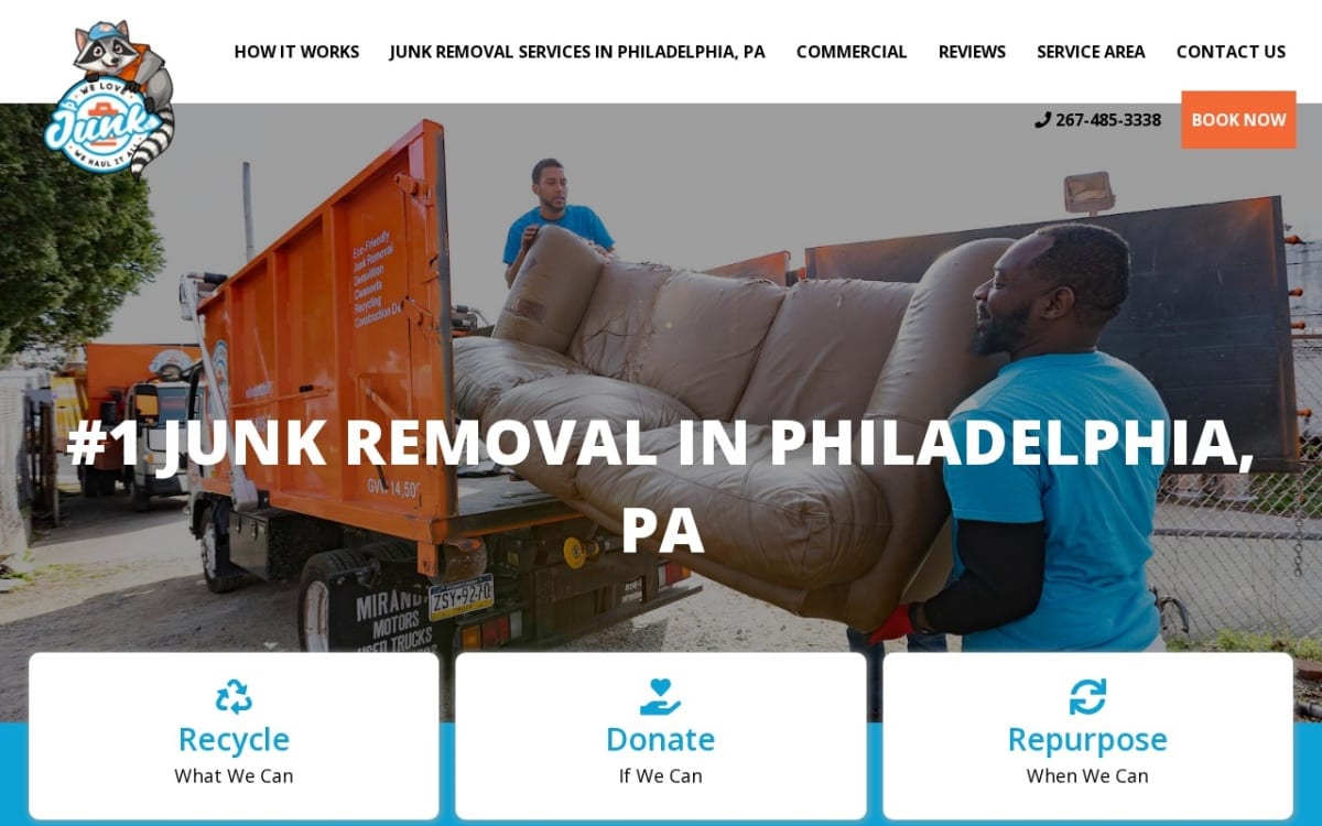 We Love Junk junk removal website homepage