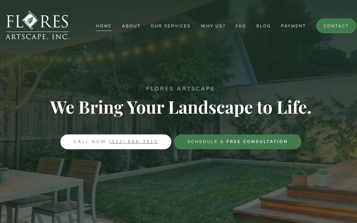 Flores Artscape landscaping website homepage