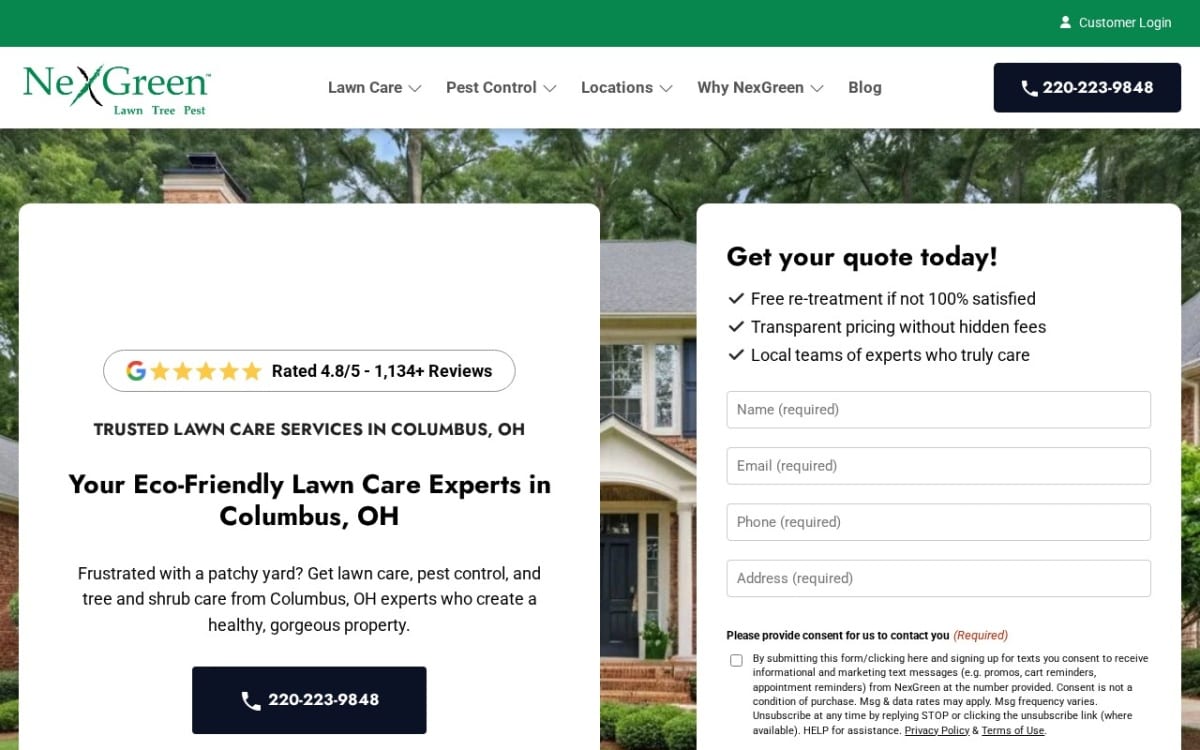NexGreen Lawn and Tree Care landscaping website homepage
