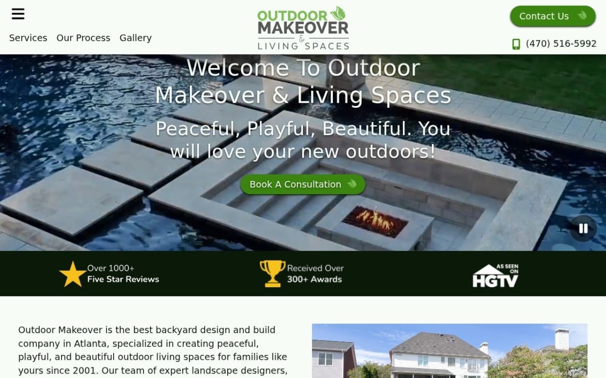 Outdoor Makeover and Living Spaces landscaping website homepage