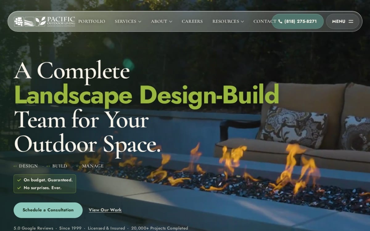 Pacific Outdoor Living landscaping website homepage