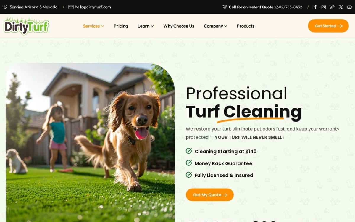 Dirty Turf lawn care website homepage