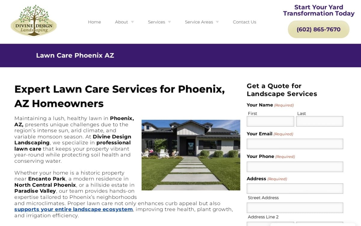 Divine Design Landscaping lawn care website homepage