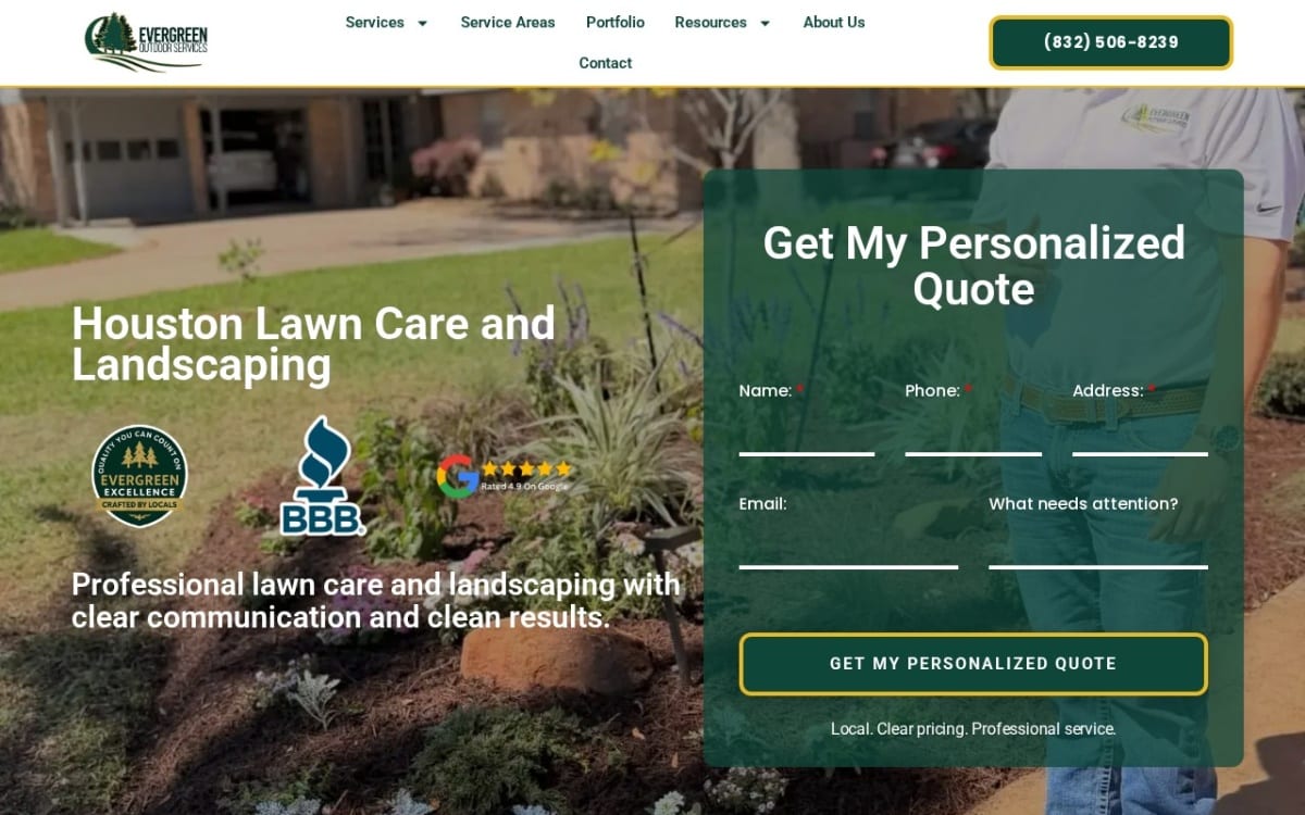 Evergreen Outdoor Services, LLC lawn care website homepage