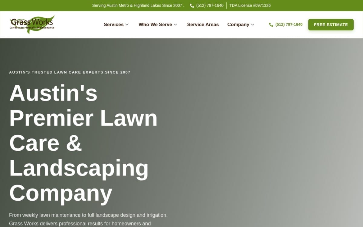 Grass Works lawn care website homepage