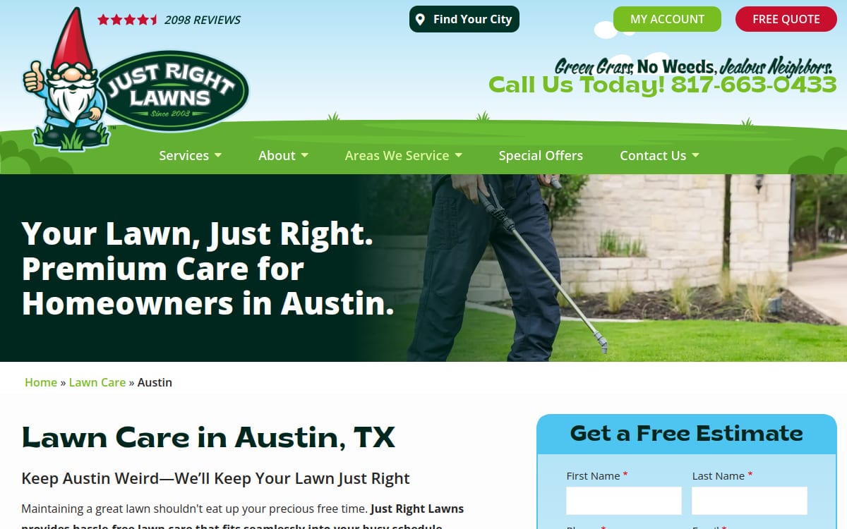 Just Right Lawns - Austin lawn care website homepage
