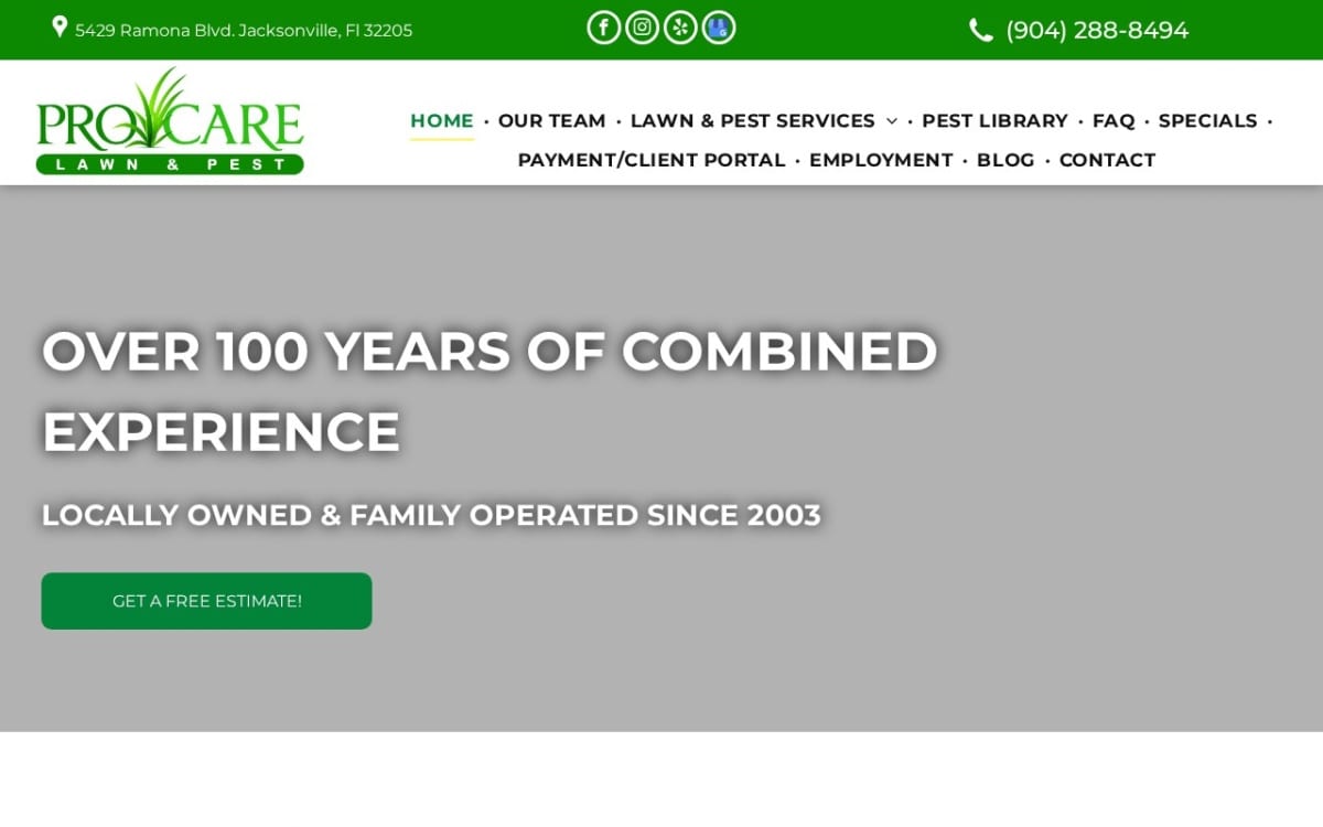 Pro Care Lawn and Pest lawn care website homepage