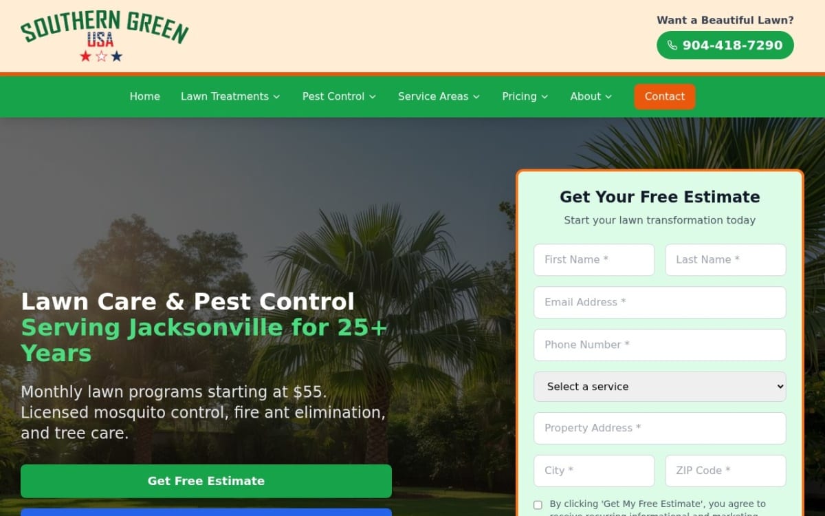 Southern Green USA lawn care website homepage