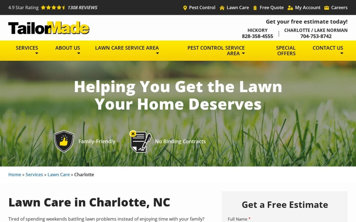 Tailor Made Lawns lawn care website homepage