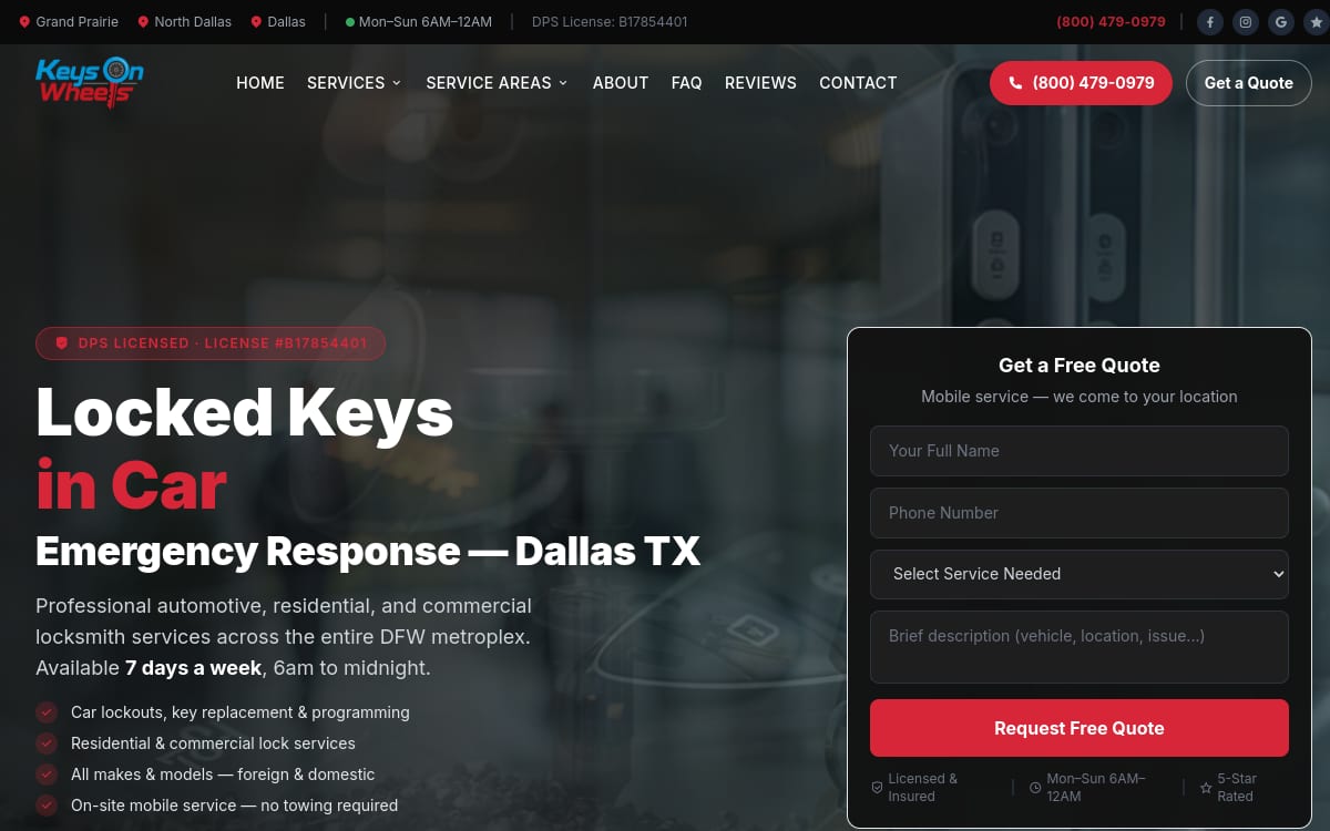 Keys On Wheels locksmith website homepage