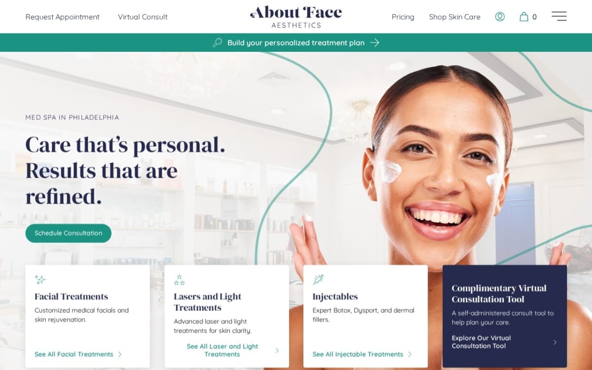 About Face Skincare med spa website homepage