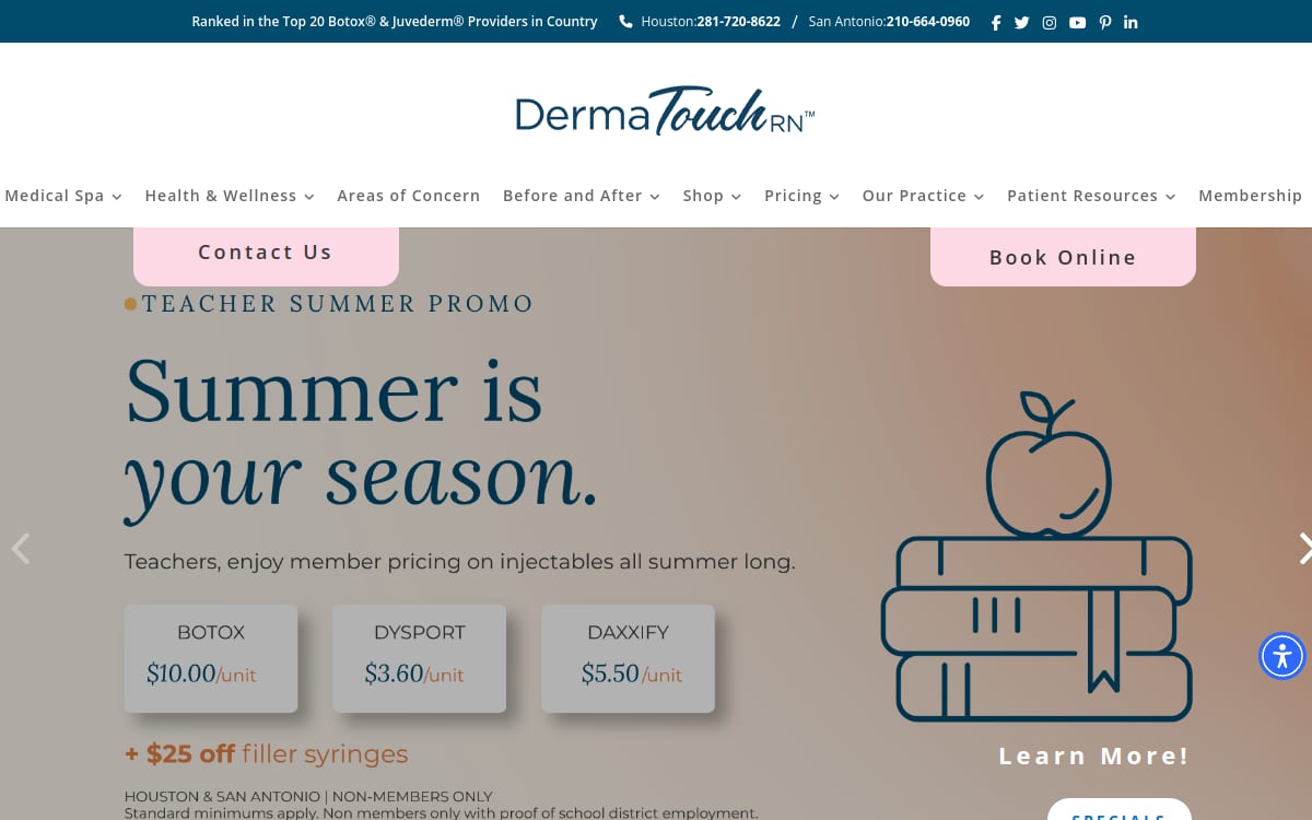 DermaTouch RN med spa website homepage