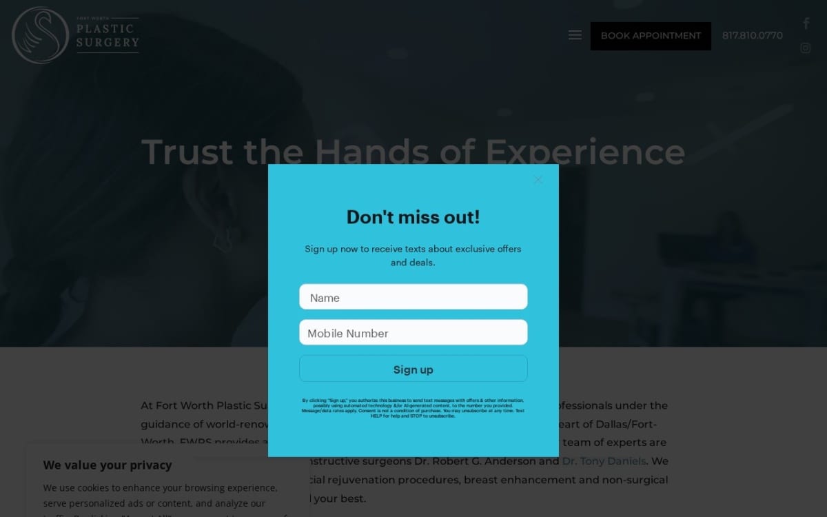 Fort Worth Plastic Surgery med spa website homepage