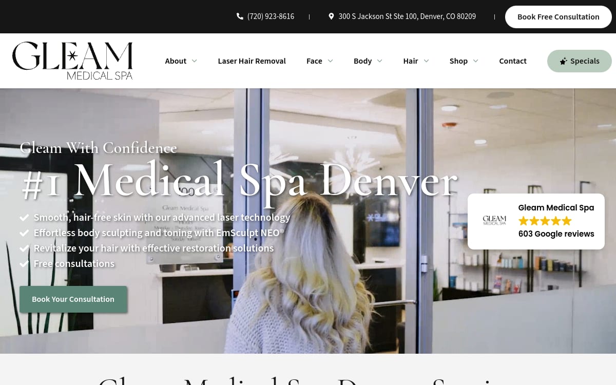 Gleam Medical Spa med spa website homepage