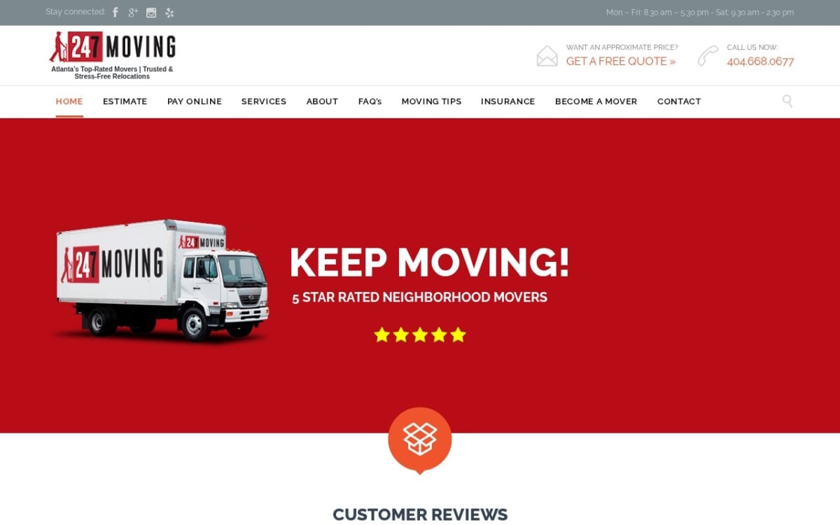 24/7 Moving moving company website homepage