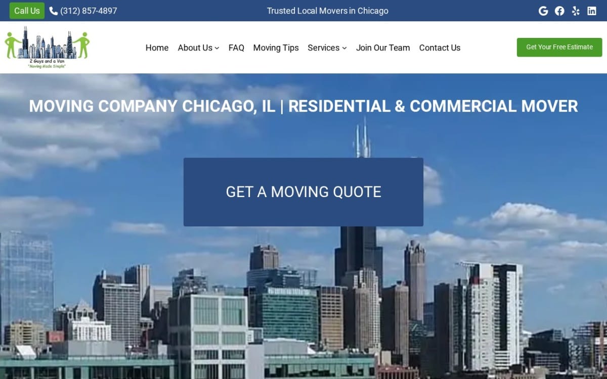 2 Guys and a Van Movers Chicago moving company website homepage