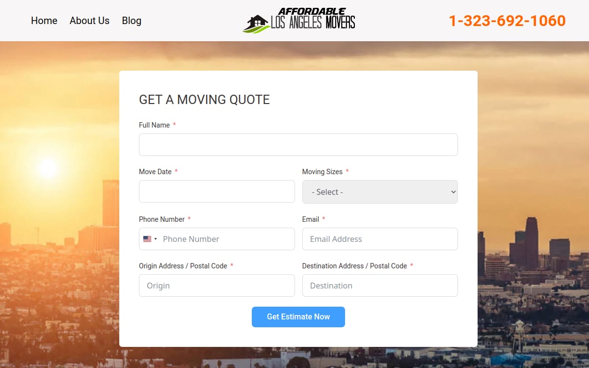 Affordable Los Angeles Movers moving company website homepage