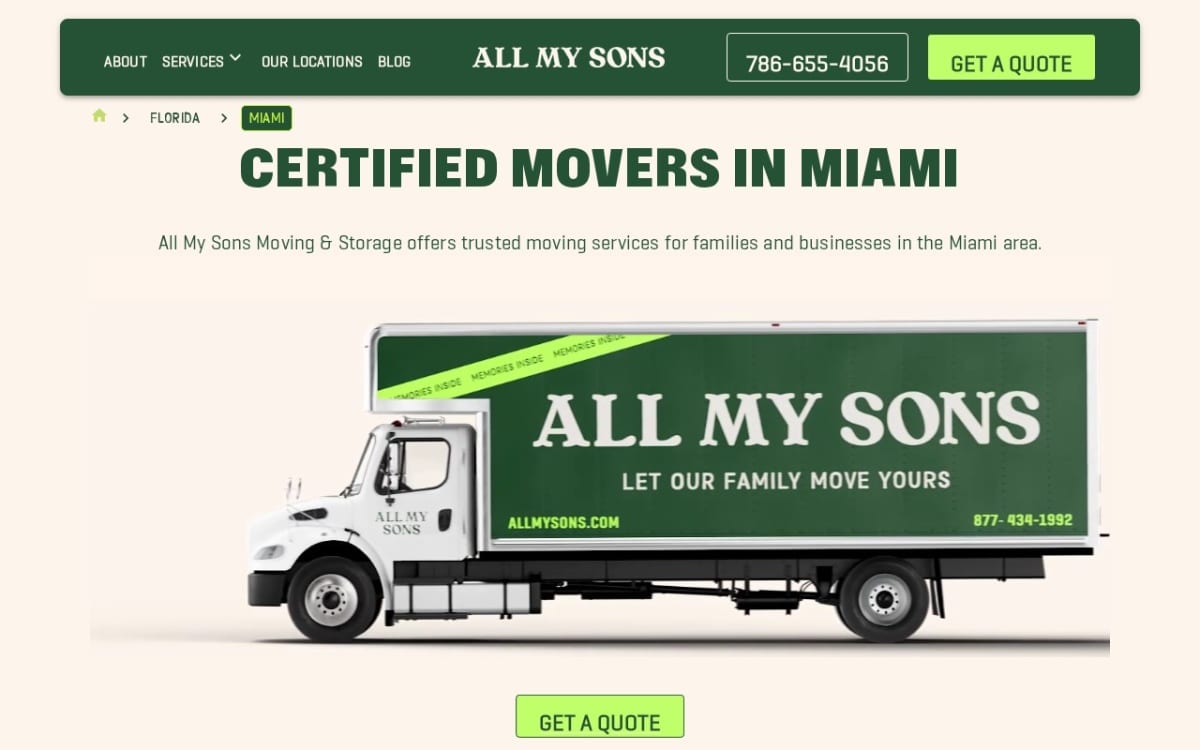 All My Sons Moving & Storage moving company website homepage