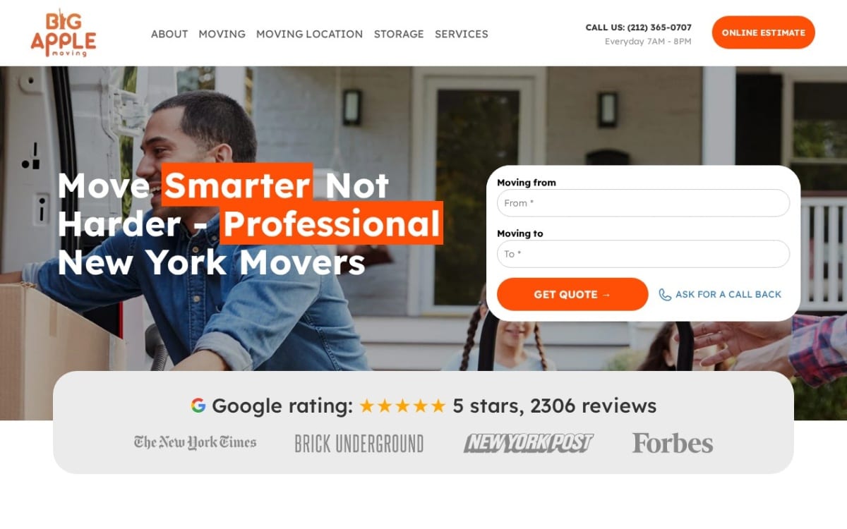 Big Apple Moving moving company website homepage