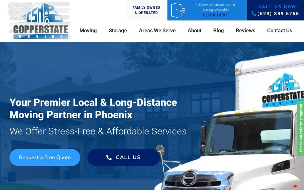 Copperstate Moving moving company website homepage