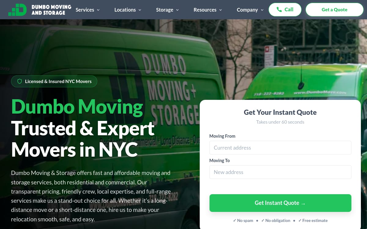 Dumbo Moving and Storage NYC moving company website homepage