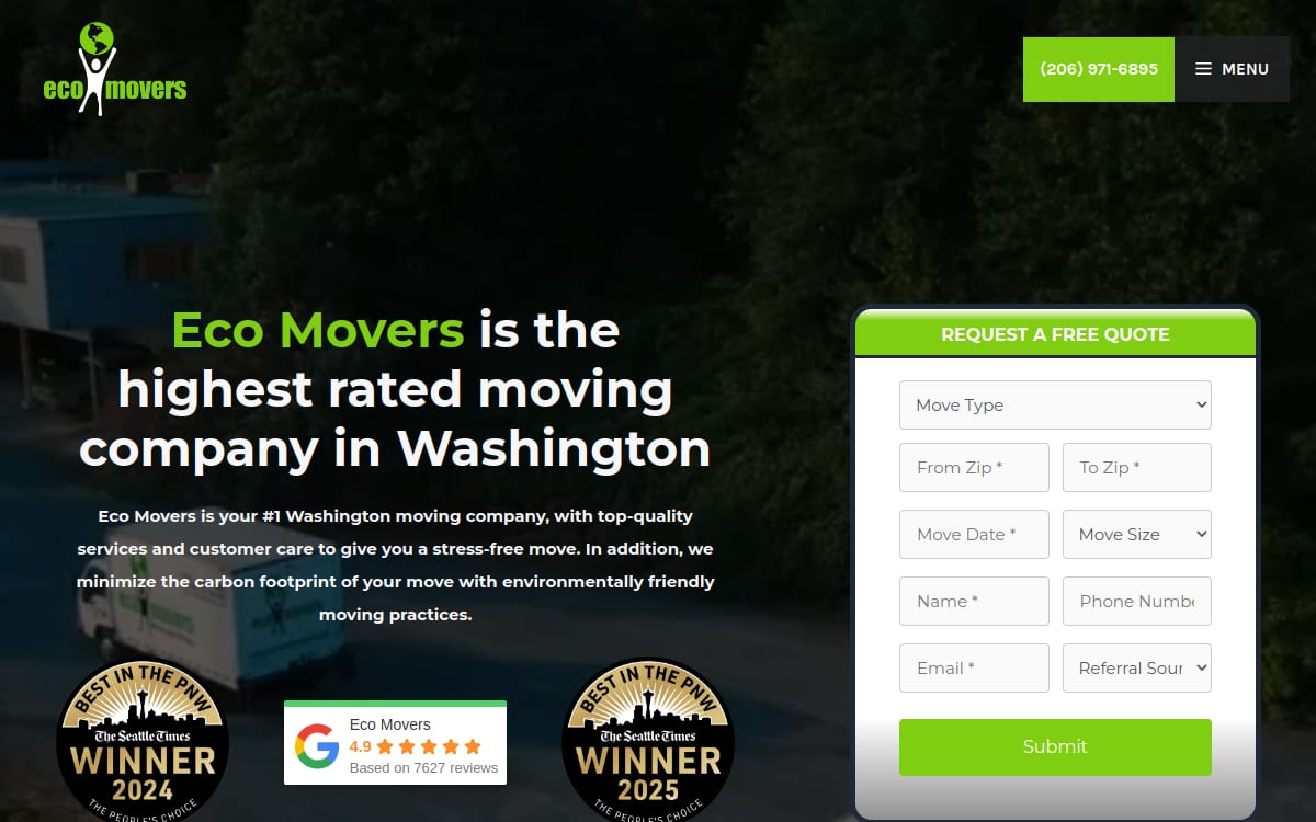 Eco Movers Moving & Storage moving company website homepage