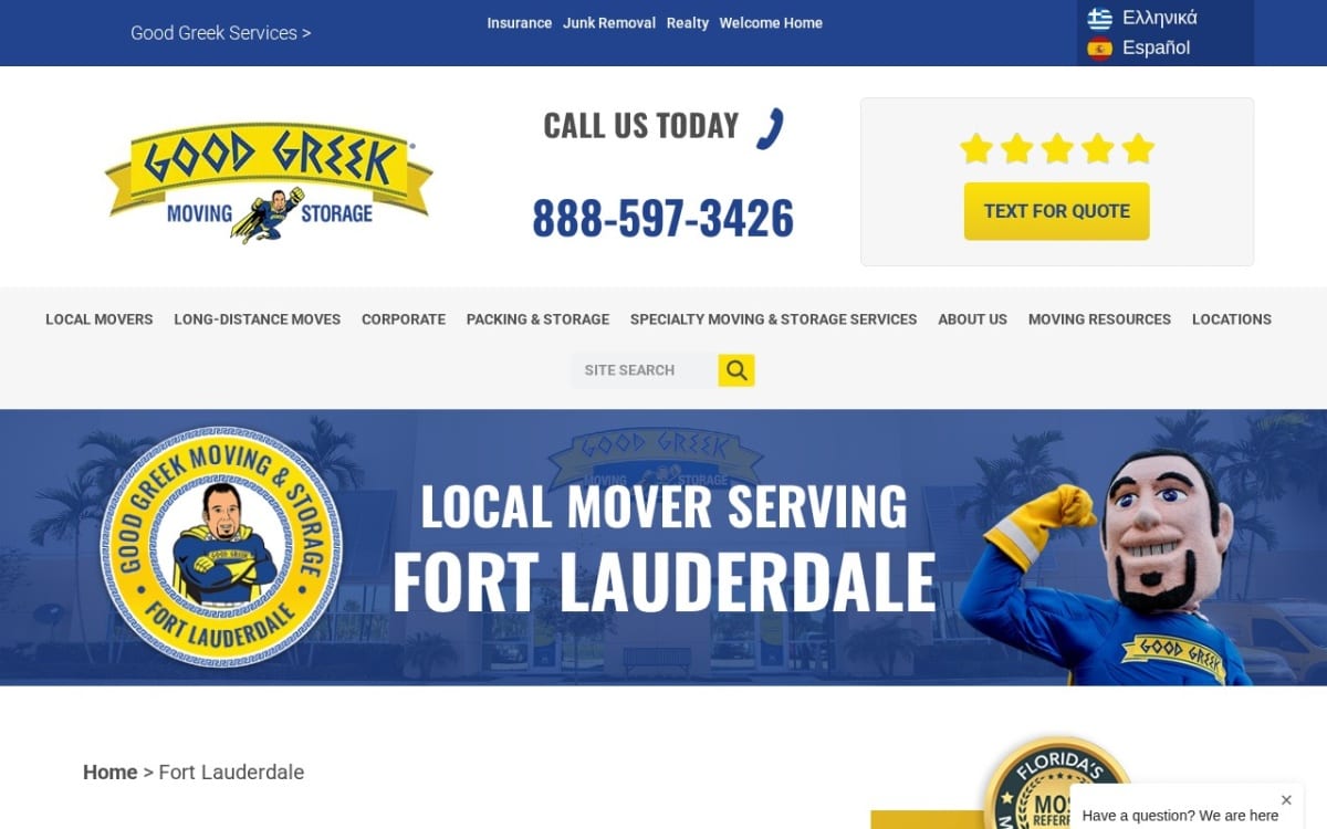 Good Greek Moving & Storage Fort Lauderdale moving company website homepage