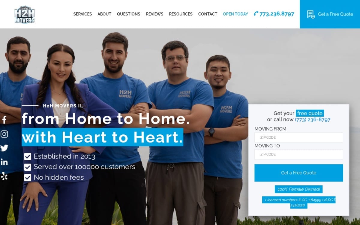 H2H Movers, Inc. moving company website homepage