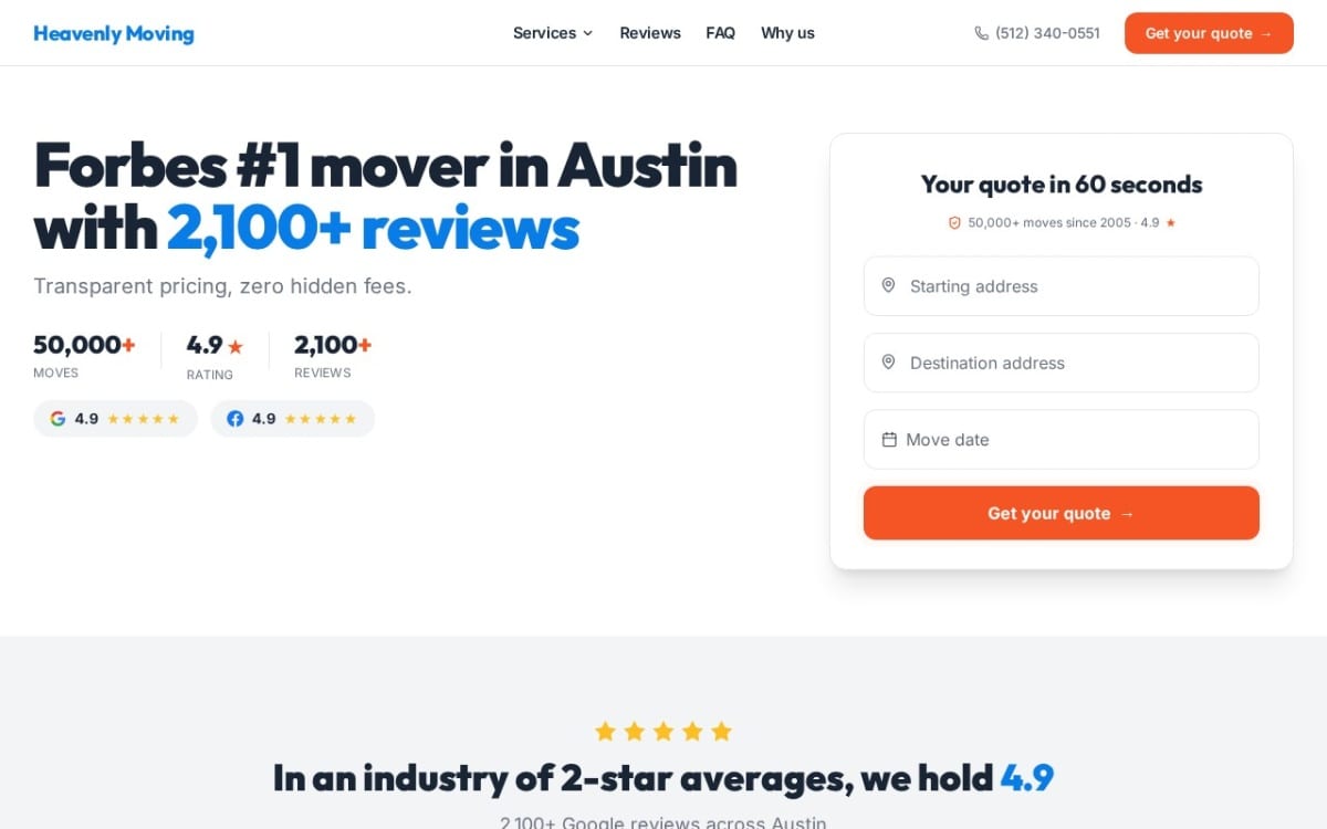 Austin Movers - Heavenly Moving moving company website homepage