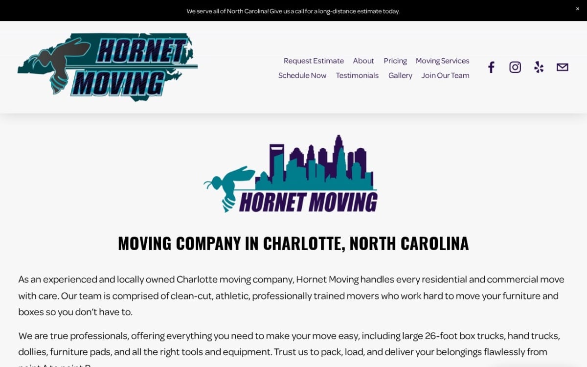 Hornet Moving moving company website homepage