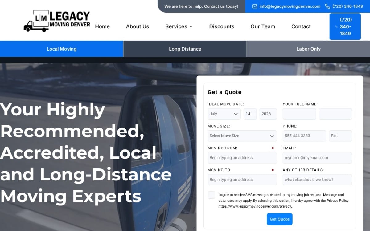 Legacy Moving moving company website homepage